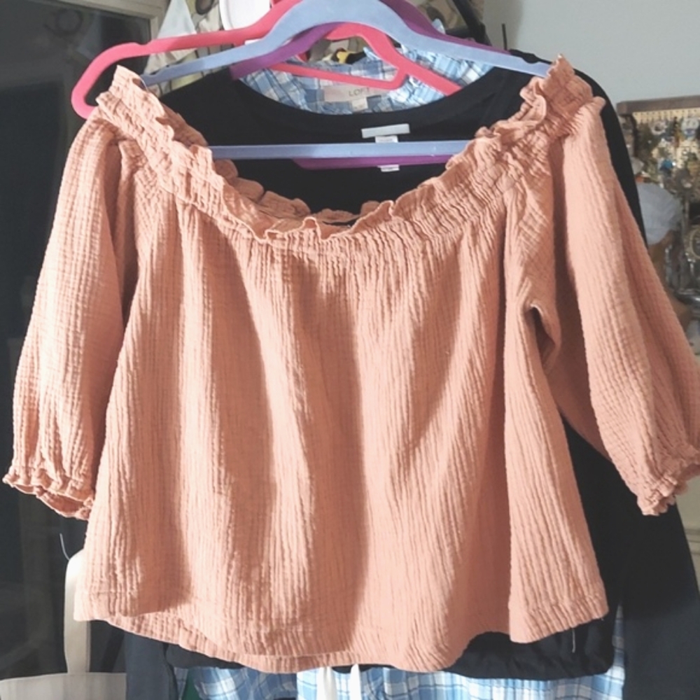 Lulus Sweet One Rusty Rose Off-the-Shoulder Ruffle Top Sz L